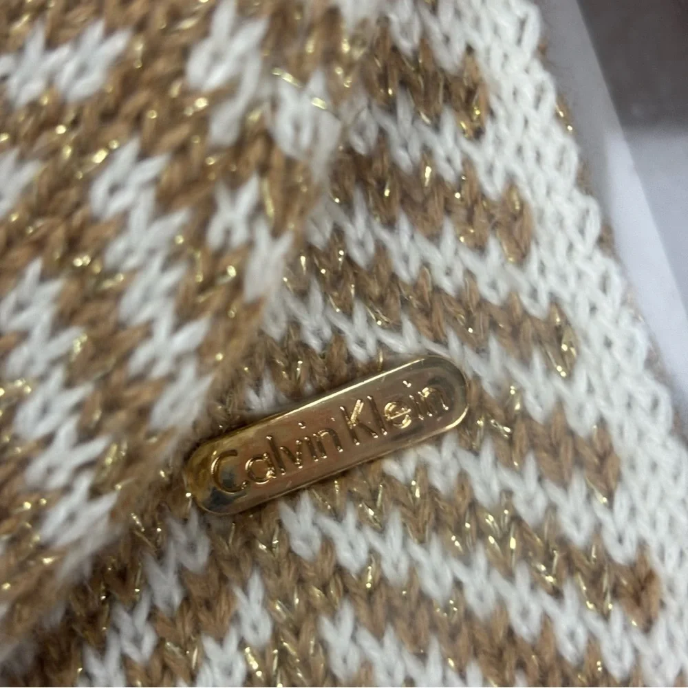 NWT Calvin Klein Gold and White Knit Hat and Scarf OS - Picture 3 of 5